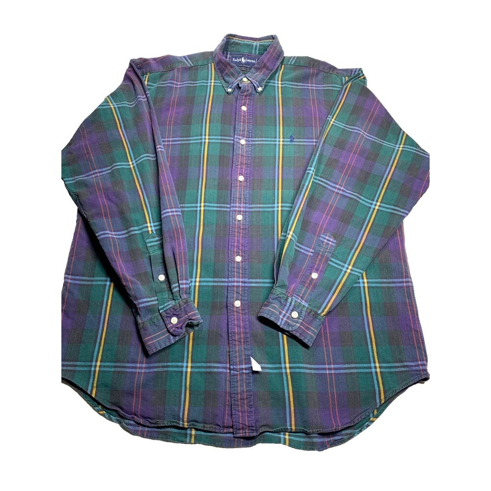 Vintage 90s Ralph Lauren Plaid Button Down Shirt Mens XL Green Purple All Cotton